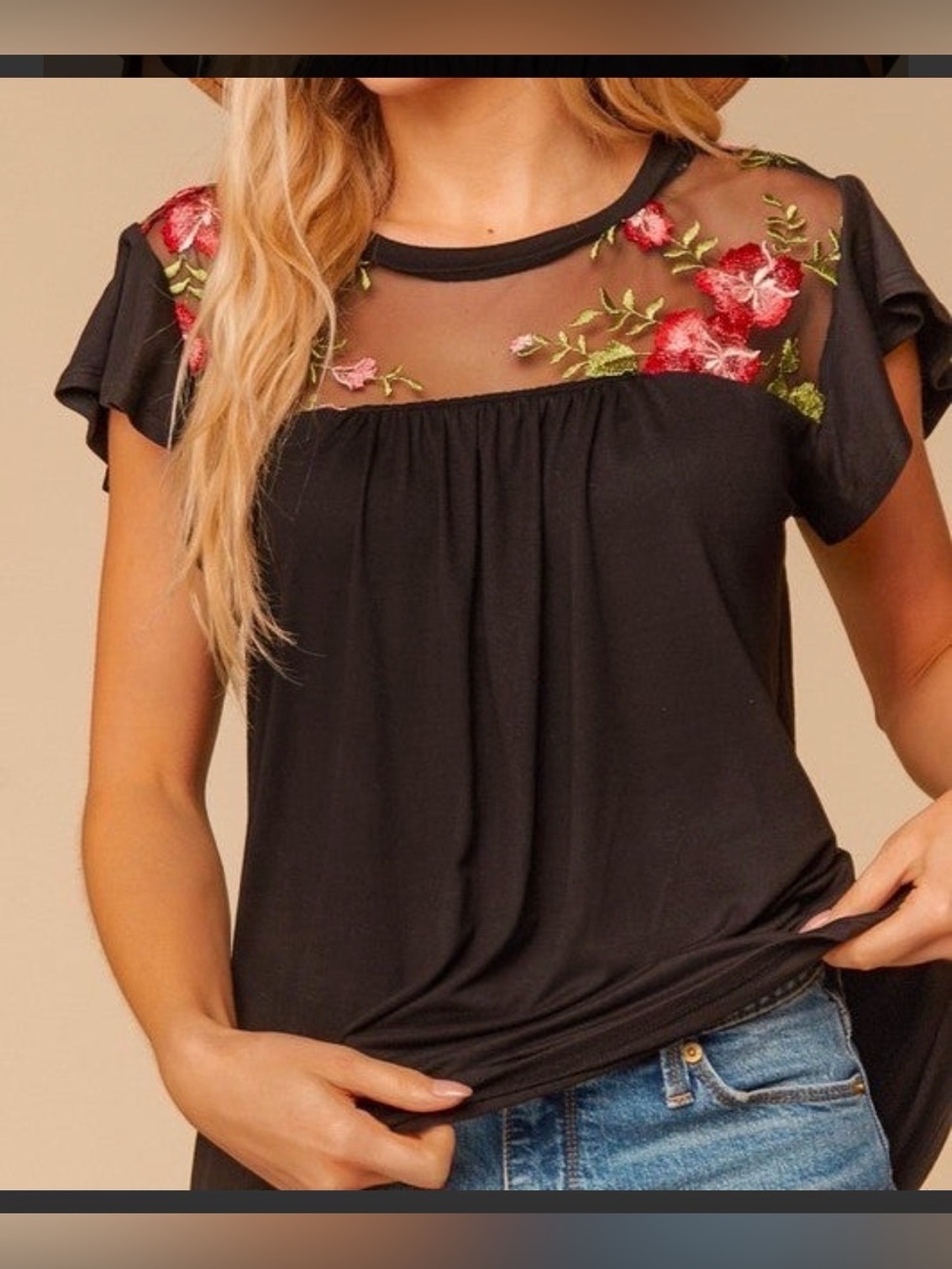 Embroidered Mesh Yoke Black Short Sleeve Blouse